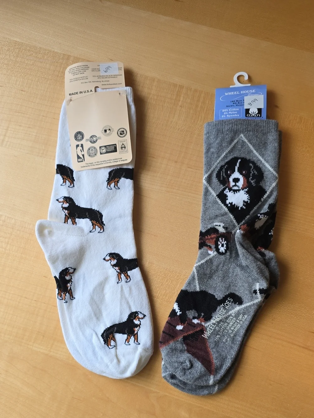 Bernese Mountain Dog Berner socks, 2 pairs, Gray & White, NWT 9-11